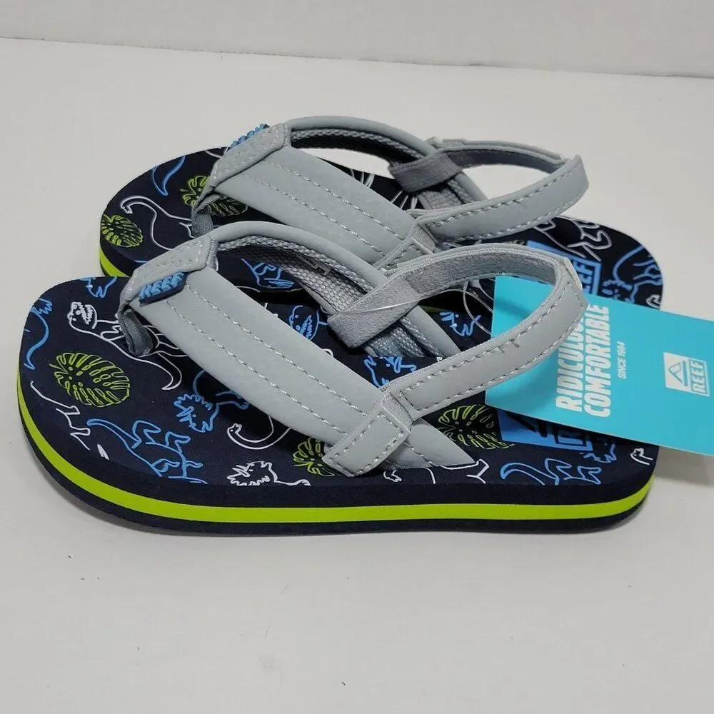 Reef Flip Flop Sandals‎ Toddler Boy Size 8 Ahi Dino Dinosaur Gray Blue Backstrap